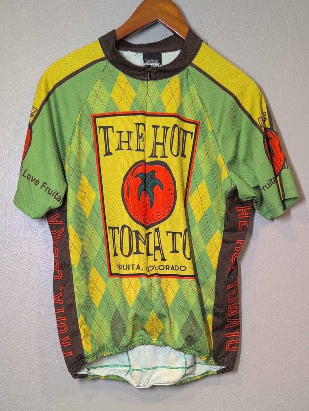 Vintage Hot Tomato Fruita Colorado Cycling Jersey Argyle Tomato Graphic